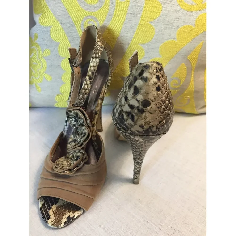 Vtg Steve Madden Tan Leather Suede Faux Snake Skin Open Toe Pump/Heels, SZ 8